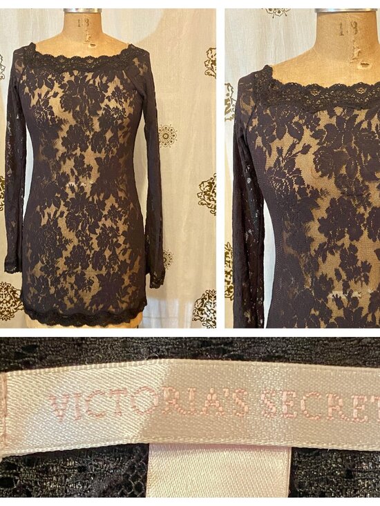 Victoria's Secret Other - Vintage Y2K 2000s Victoria's Secret Black Lace Bell Sleeve Mini Dress Lingerie M